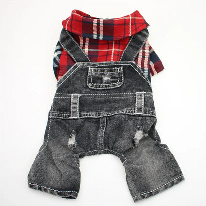 Hund / Katze Jeans-Hoodie Jumpsuit – Kariertes Denim-Outfit mit Kapuze für Frühling & Herbst – 4 Farben