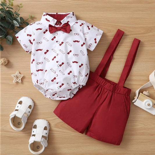 Sommer-Outfit für Baby-Jungen – 2-teilig: Hemd mit Bart-Print & Hosenträger-Shorts – stilvoll & verspielt (0–18 Monate)