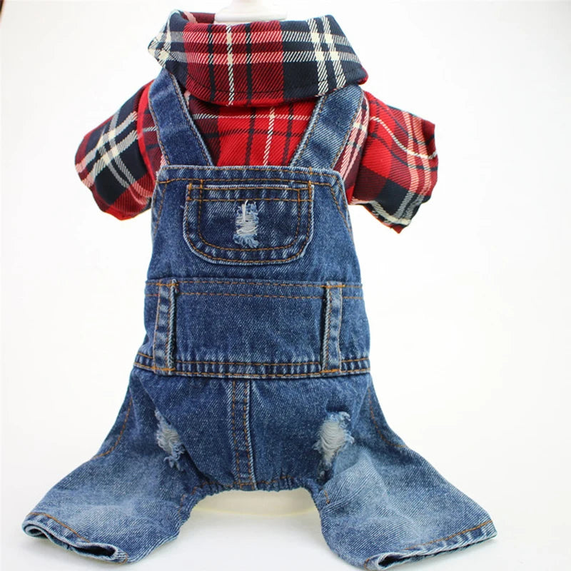 Hund / Katze Jeans-Hoodie Jumpsuit – Kariertes Denim-Outfit mit Kapuze für Frühling & Herbst – 4 Farben