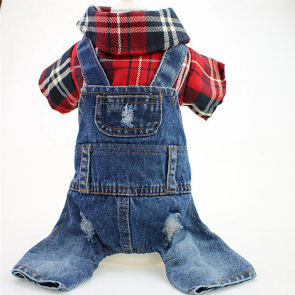 Hund / Katze Jeans-Hoodie Jumpsuit – Kariertes Denim-Outfit mit Kapuze für Frühling & Herbst – 4 Farben