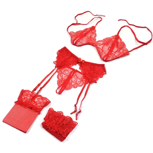 Verführerisches 4-teiliges Dessous-Set für Damen – Push-Up BH, Tanga, Strapse & Spitzen-Sling – Sexy & transparent