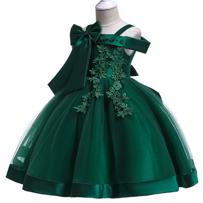 Elegantes Weihnachts- & Festkleid für Mädchen – Schulterfreies Ballkleid mit Blumenapplikationen & Schleife – Für Hochzeit, Geburtstag & Gala (Größe 110–150)