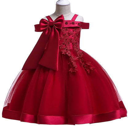 Elegantes Weihnachts- & Festkleid für Mädchen – Schulterfreies Ballkleid mit Blumenapplikationen & Schleife – Für Hochzeit, Geburtstag & Gala (Größe 110–150)