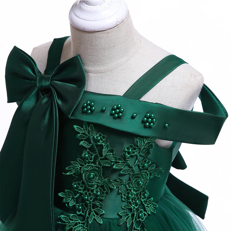 Elegantes Weihnachts- & Festkleid für Mädchen – Schulterfreies Ballkleid mit Blumenapplikationen & Schleife – Für Hochzeit, Geburtstag & Gala (Größe 110–150)