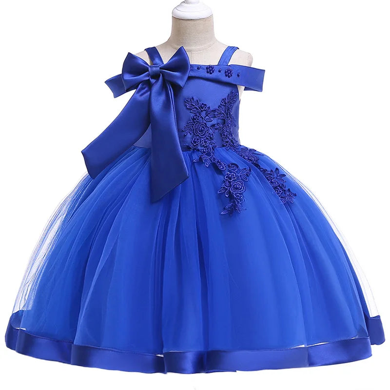 Elegantes Weihnachts- & Festkleid für Mädchen – Schulterfreies Ballkleid mit Blumenapplikationen & Schleife – Für Hochzeit, Geburtstag & Gala (Größe 110–150)