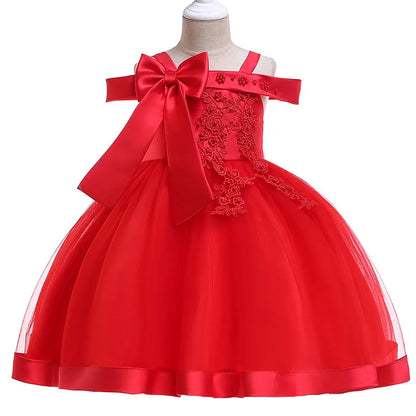 Elegantes Weihnachts- & Festkleid für Mädchen – Schulterfreies Ballkleid mit Blumenapplikationen & Schleife – Für Hochzeit, Geburtstag & Gala (Größe 110–150)