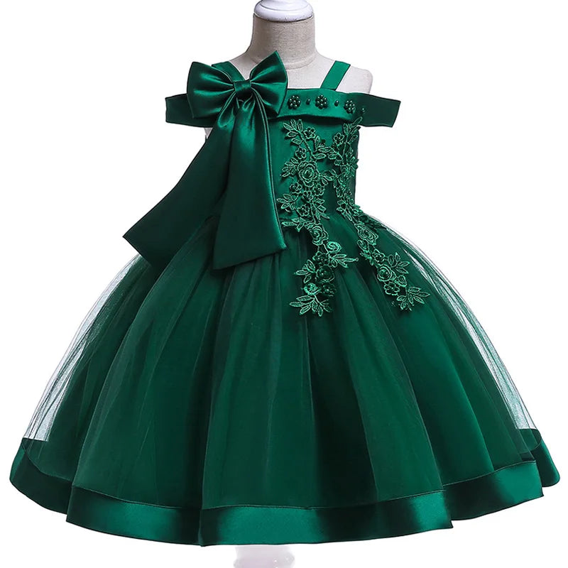 Elegantes Weihnachts- & Festkleid für Mädchen – Schulterfreies Ballkleid mit Blumenapplikationen & Schleife – Für Hochzeit, Geburtstag & Gala (Größe 110–150)