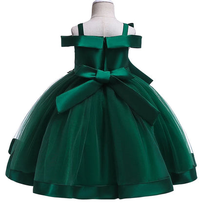 Elegantes Weihnachts- & Festkleid für Mädchen – Schulterfreies Ballkleid mit Blumenapplikationen & Schleife – Für Hochzeit, Geburtstag & Gala (Größe 110–150)