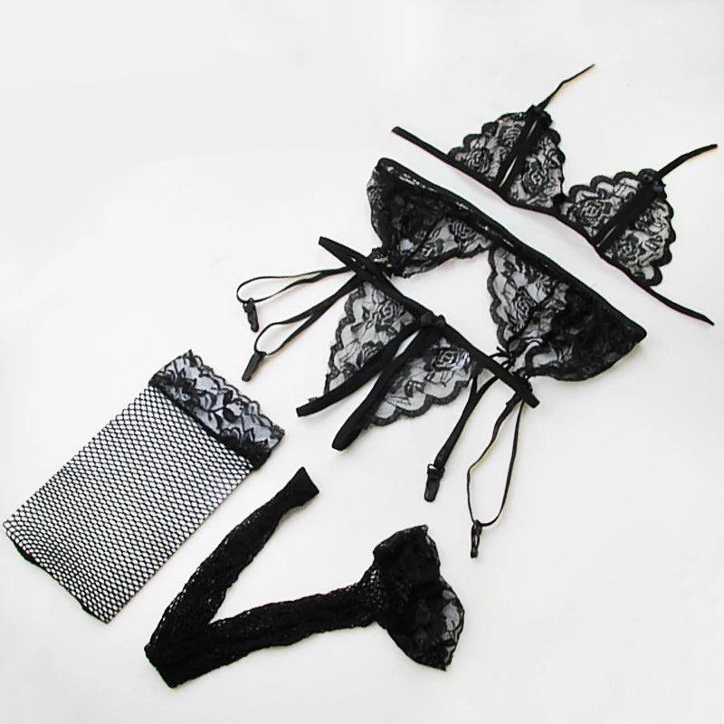 Verführerisches 4-teiliges Dessous-Set für Damen – Push-Up BH, Tanga, Strapse & Spitzen-Sling – Sexy & transparent