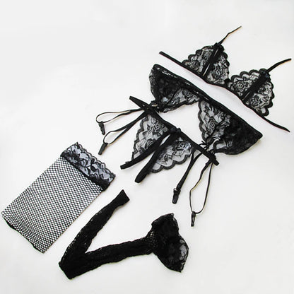 Verführerisches 4-teiliges Dessous-Set für Damen – Push-Up BH, Tanga, Strapse & Spitzen-Sling – Sexy & transparent