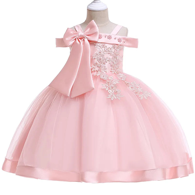 Elegantes Weihnachts- & Festkleid für Mädchen – Schulterfreies Ballkleid mit Blumenapplikationen & Schleife – Für Hochzeit, Geburtstag & Gala (Größe 110–150)