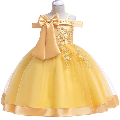 Elegantes Weihnachts- & Festkleid für Mädchen – Schulterfreies Ballkleid mit Blumenapplikationen & Schleife – Für Hochzeit, Geburtstag & Gala (Größe 110–150)