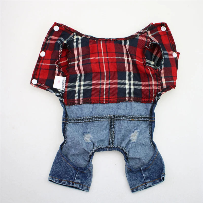 Hund / Katze Jeans-Hoodie Jumpsuit – Kariertes Denim-Outfit mit Kapuze für Frühling & Herbst – 4 Farben