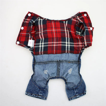 Hund / Katze Jeans-Hoodie Jumpsuit – Kariertes Denim-Outfit mit Kapuze für Frühling & Herbst – 4 Farben
