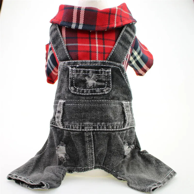 Hund / Katze Jeans-Hoodie Jumpsuit – Kariertes Denim-Outfit mit Kapuze für Frühling & Herbst – 4 Farben