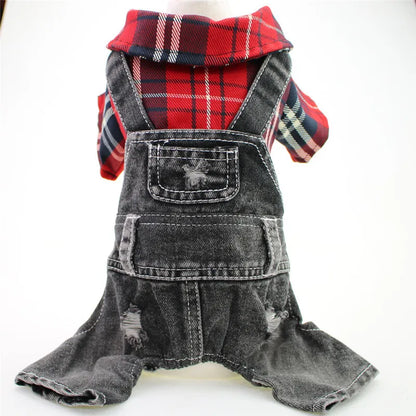 Hund / Katze Jeans-Hoodie Jumpsuit – Kariertes Denim-Outfit mit Kapuze für Frühling & Herbst – 4 Farben