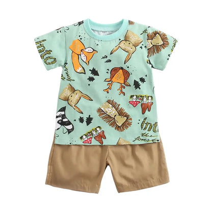 Sommer-Babyset für Jungen – 2-teiliges Baumwoll-Outfit mit Kurzarmshirt & Shorts im Cartoon-Stil (0–12 Monate)