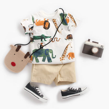 Sommer-Babyset für Jungen – 2-teiliges Baumwoll-Outfit mit Kurzarmshirt & Shorts im Cartoon-Stil (0–12 Monate)
