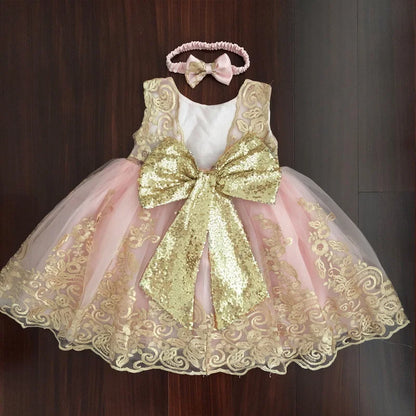 Sommerliches Prinzessinnenkleid für Mädchen – Ärmellos mit Rückenschleife & Pailletten – Festliches Kleid für Hochzeit, Party & Geburtstag