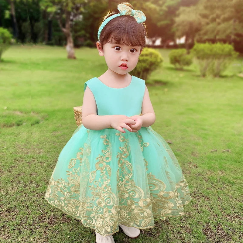 Sommerliches Prinzessinnenkleid für Mädchen – Ärmellos mit Rückenschleife & Pailletten – Festliches Kleid für Hochzeit, Party & Geburtstag