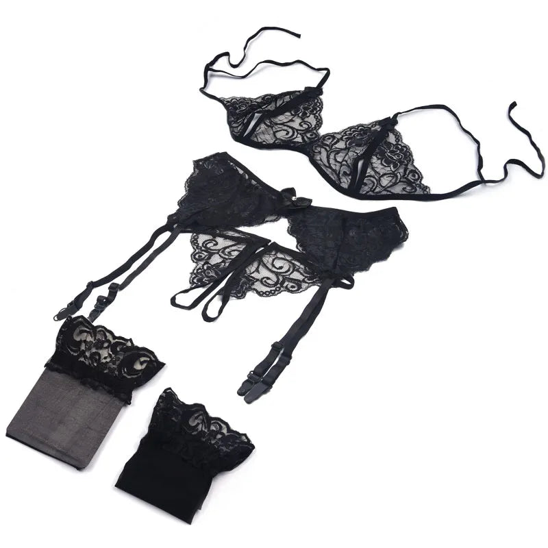 Verführerisches 4-teiliges Dessous-Set für Damen – Push-Up BH, Tanga, Strapse & Spitzen-Sling – Sexy & transparent