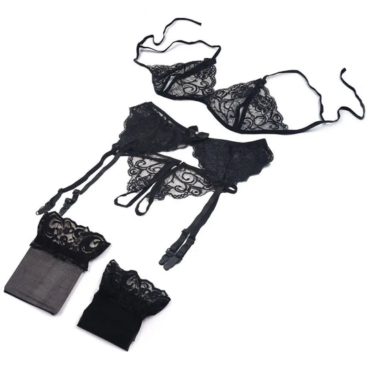 Verführerisches 4-teiliges Dessous-Set für Damen – Push-Up BH, Tanga, Strapse & Spitzen-Sling – Sexy & transparent