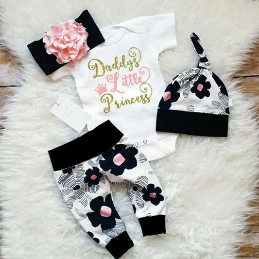 🌸 4-teiliges Sommer-Set für Neugeborene – Baby Mädchen Romper + Blumenhose + Hut + Haarband (0–24 Monate)