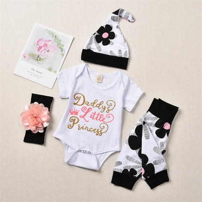 🌸 4-teiliges Sommer-Set für Neugeborene – Baby Mädchen Romper + Blumenhose + Hut + Haarband (0–24 Monate)