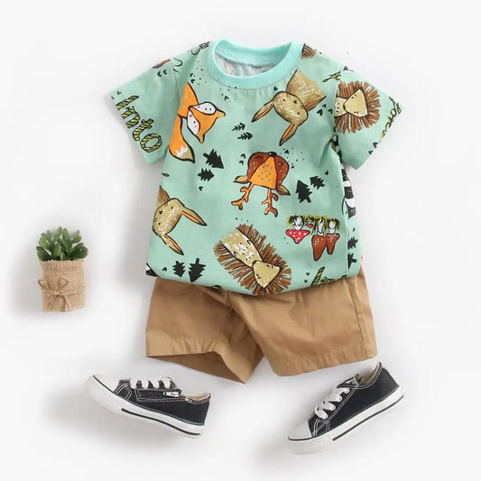 Sommer-Babyset für Jungen – 2-teiliges Baumwoll-Outfit mit Kurzarmshirt & Shorts im Cartoon-Stil (0–12 Monate)