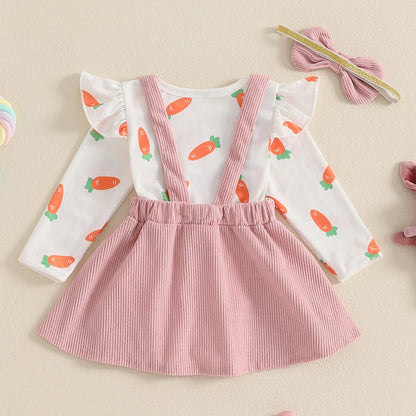 Oster-Outfit für Baby-Mädchen – 3-teilig: Karotten-Body mit langen Ärmeln, Hasen-Trägerrock & Haarband – von FOCUSNORM (0–18 Monate)