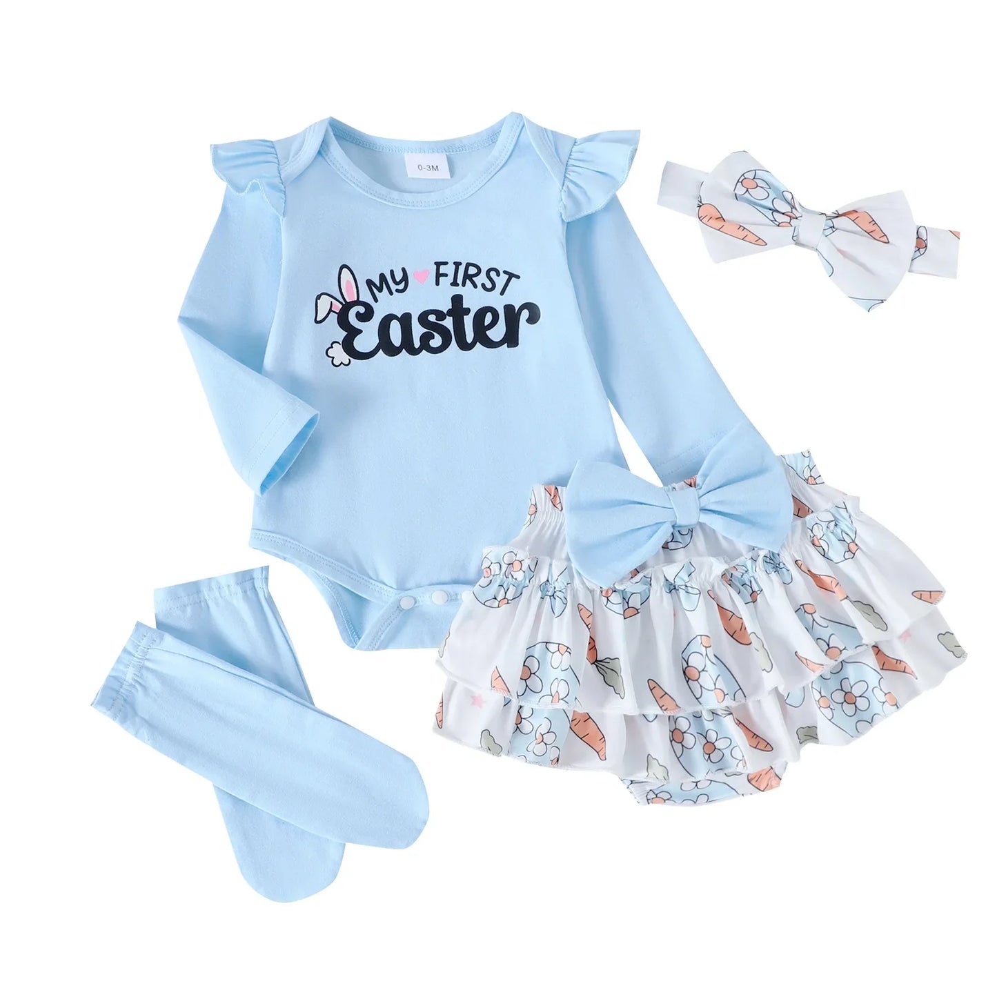 My First Easter” Baby-Mädchen-Outfit – 4-teilig: Hasen-Body, Karotten-Shorts, Socken & Haarband – von Prowow