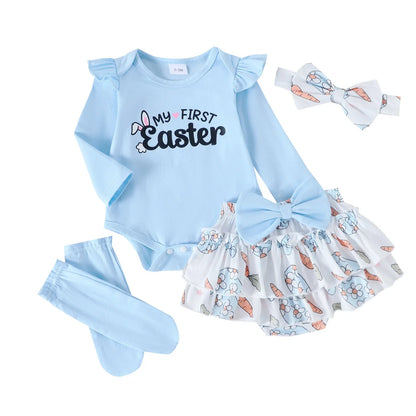 My First Easter” Baby-Mädchen-Outfit – 4-teilig: Hasen-Body, Karotten-Shorts, Socken & Haarband – von Prowow