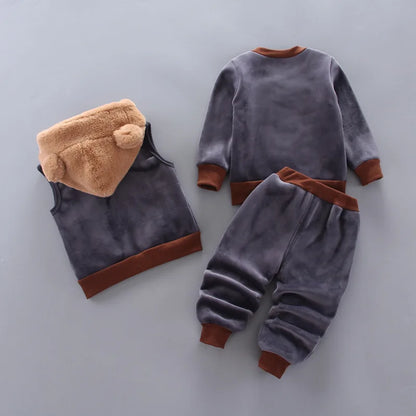 Warmer 3-teiliges Winter-Set für Babys – Kapuzenjacke mit Bärenmotiv, Weste & Hose – Baumwoll-Fleece für Jungen & Mädchen (1–3 Jahre)