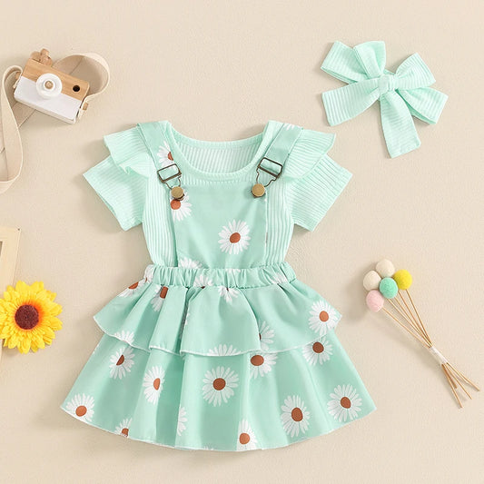 Frühlings-Outfit für Baby-Mädchen – 3-teilig: Kurzarm-Ripp-Body, Trägerrock & Haarband – von Pudcoco (0–18 Monate)