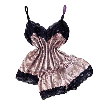 Verführerisches Damen-Schlafanzug-Set aus Samt – Trägertop mit Schleife & Shorts – Sexy V-Ausschnitt Homewear