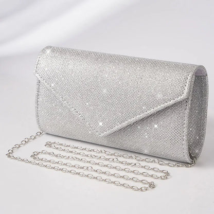 Damen Glitzer Clutch – Envelope-Abendtasche mit Kette in Silber – Elegante Mini-Handtasche für Hochzeit & Party