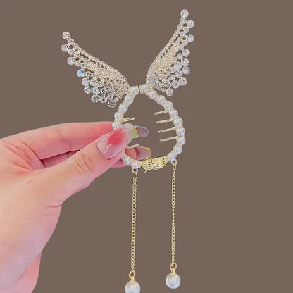 Elegante Haarkralle mit Blumen-Quaste – Schmetterling, Strass & Perlen – Haarclip für Damen | Dutt- & Zopfhalter Accessoire