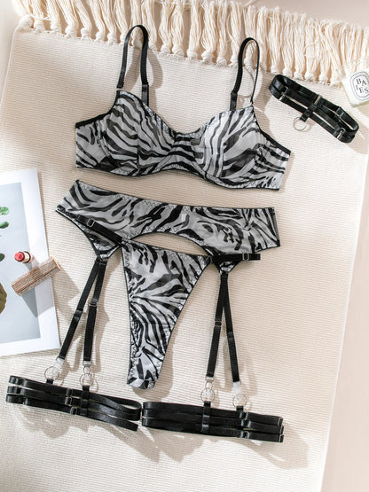 Sexy Lingerie Set in Pink Leopard Mesh – BH, Handschuhe & Beinlinge