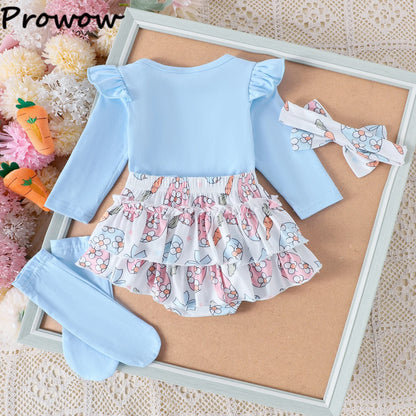 My First Easter” Baby-Mädchen-Outfit – 4-teilig: Hasen-Body, Karotten-Shorts, Socken & Haarband – von Prowow