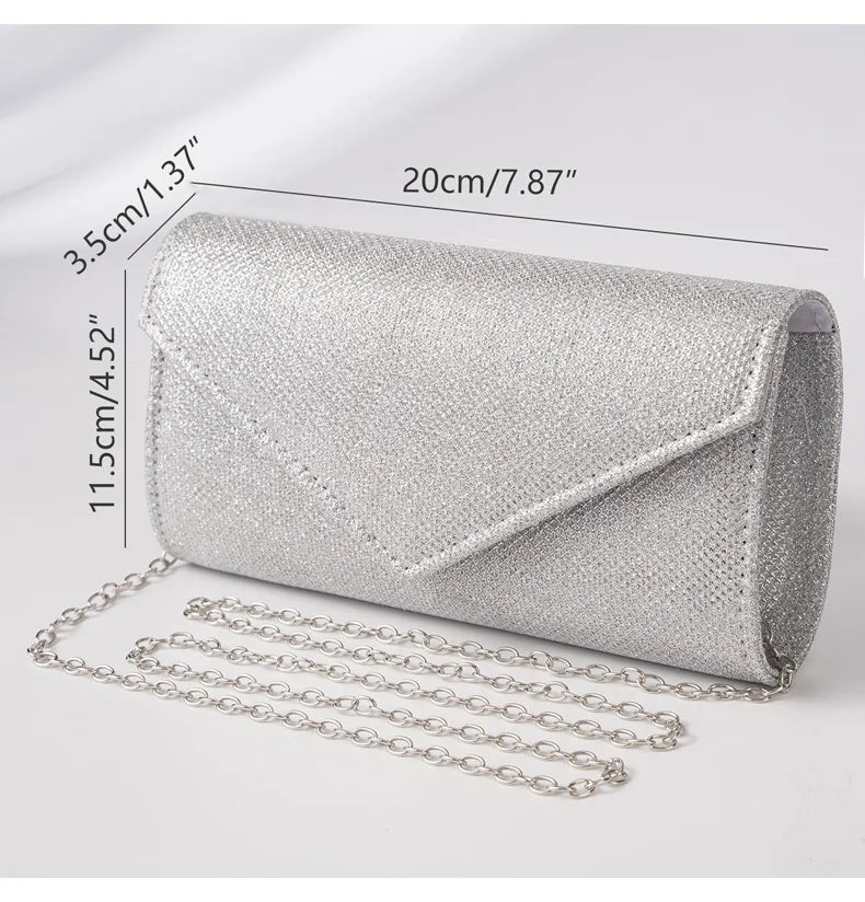 Damen Glitzer Clutch – Envelope-Abendtasche mit Kette in Silber – Elegante Mini-Handtasche für Hochzeit & Party