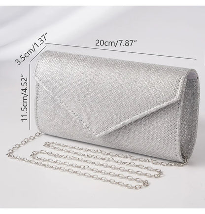 Damen Glitzer Clutch – Envelope-Abendtasche mit Kette in Silber – Elegante Mini-Handtasche für Hochzeit & Party