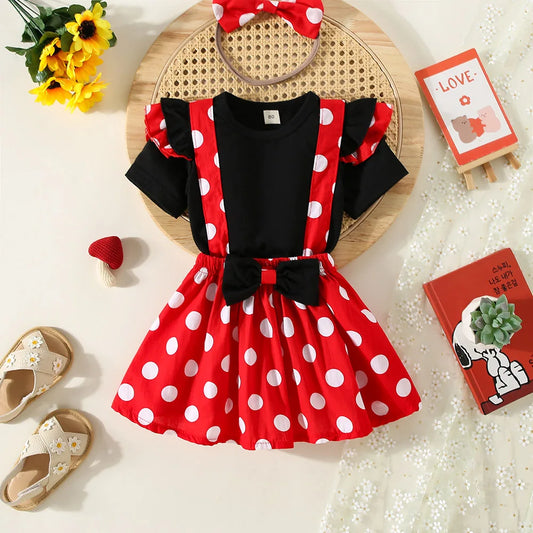 Sommer-Outfit für Mädchen (1–4 Jahre) – Schwarzes T-Shirt mit kurzen Ärmeln, gepunkteter Rock & Haarband – 3-teiliges Set