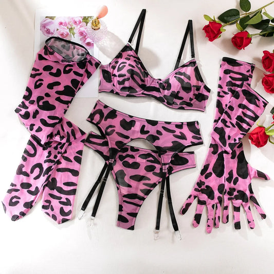Sexy Lingerie Set in Pink Leopard Mesh – BH, Handschuhe & Beinlinge