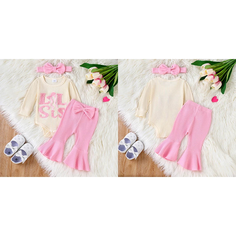 Herbst-Outfit für Baby-Mädchen (0–18 Monate) – 3-teilig: Langarm-Body mit Stickschrift, Schlaghose & Haarband – von Pudcoco