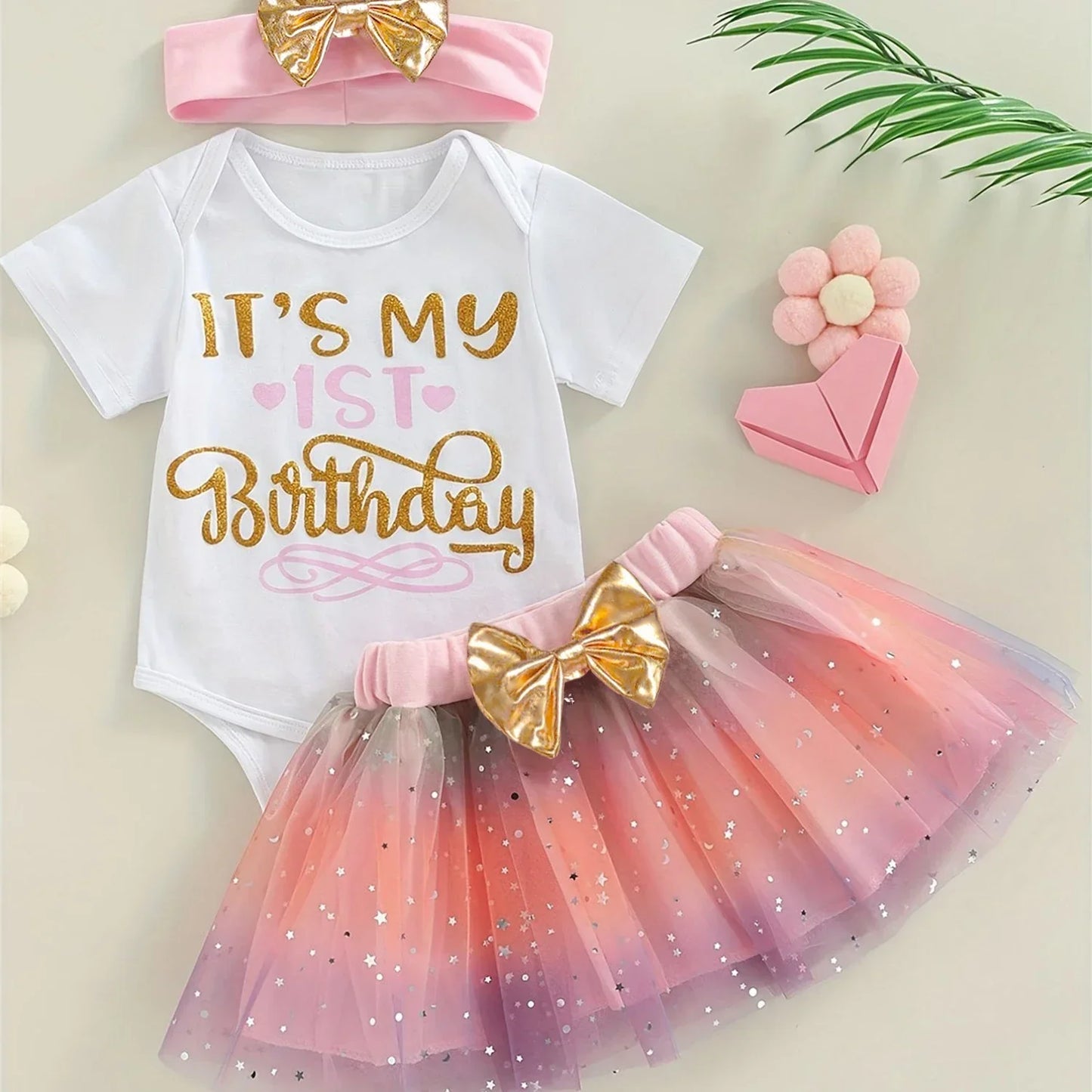 Geburtstags-Outfit für Baby-Mädchen – 3-teilig: Body „1 Jahr“, Tutu-Rock & Haarband – Festliches Set für den 1. Geburtstag