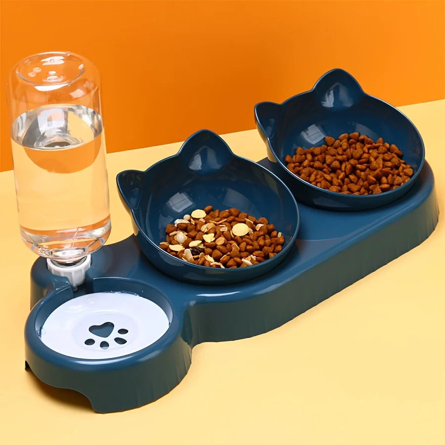 3-in-1 Katzennapf mit Wasserspender – Neigbares Design mit Ohrenform für Futter, Wasser und Nackenschutz