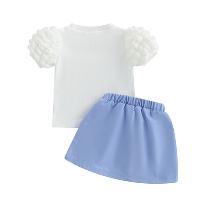Sommer-Outfit für Kleinkinder Mädchen (6M–4J) – Häkelblumen T-Shirt mit Puffärmeln & A-Linien-Rock + Haarband