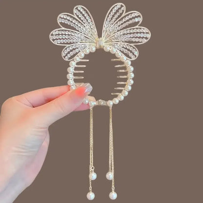 Elegante Haarkralle mit Blumen-Quaste – Schmetterling, Strass & Perlen – Haarclip für Damen | Dutt- & Zopfhalter Accessoire