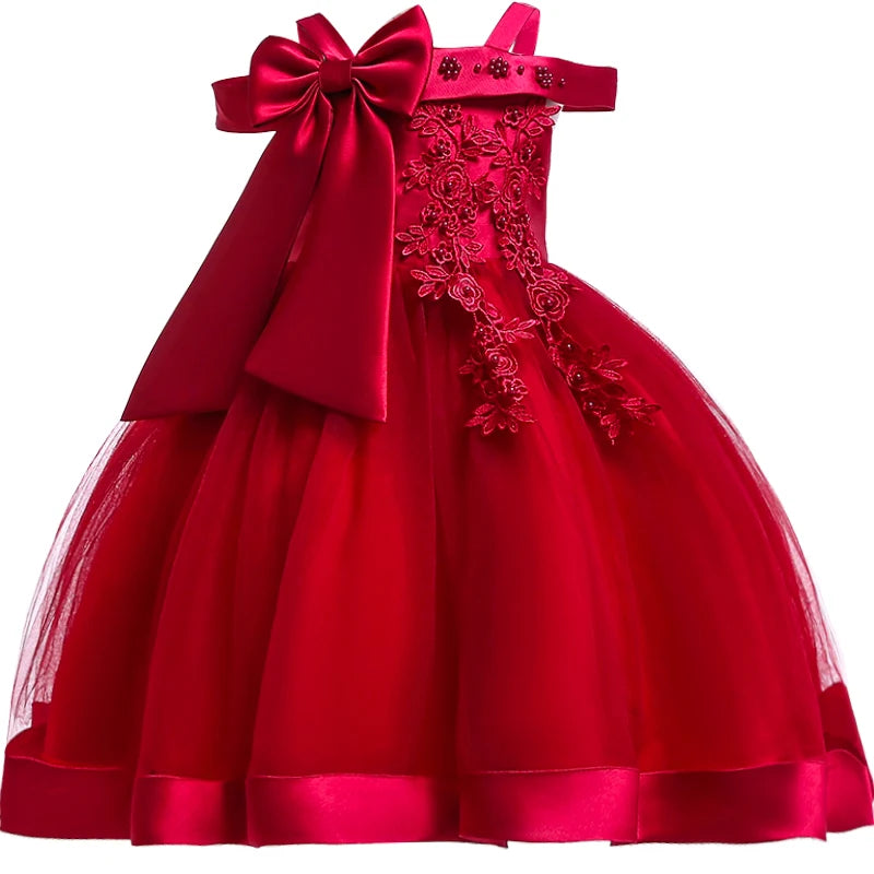 Elegantes Weihnachts- & Festkleid für Mädchen – Schulterfreies Ballkleid mit Blumenapplikationen & Schleife – Für Hochzeit, Geburtstag & Gala (Größe 110–150)