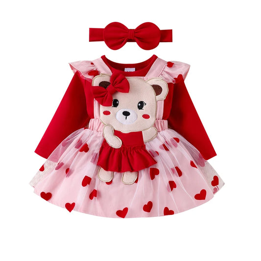 Frühlings-Outfit für Baby-Mädchen – 3-teilig: Langarm-Body, Herzträgerrock & Haarband (0–18 Monate)
